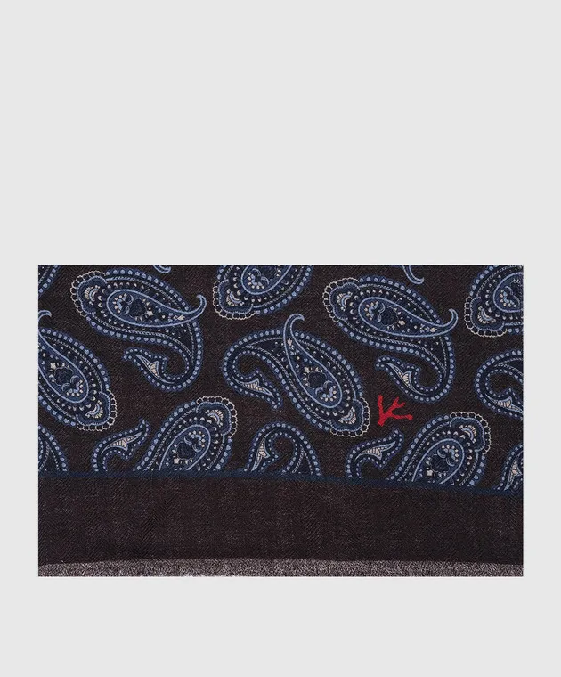 ISAIA Brown scarf made of wool and silk in a paisley pattern