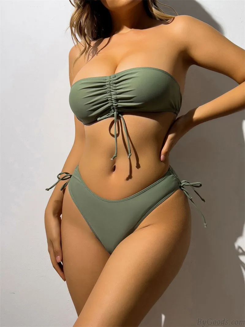Sexy Strap Solid Color Padded Shoulderless Bathing Suit 2 Piece Swimsuits Gather Summer Vacation Tube Women's Bikinis Swimwear