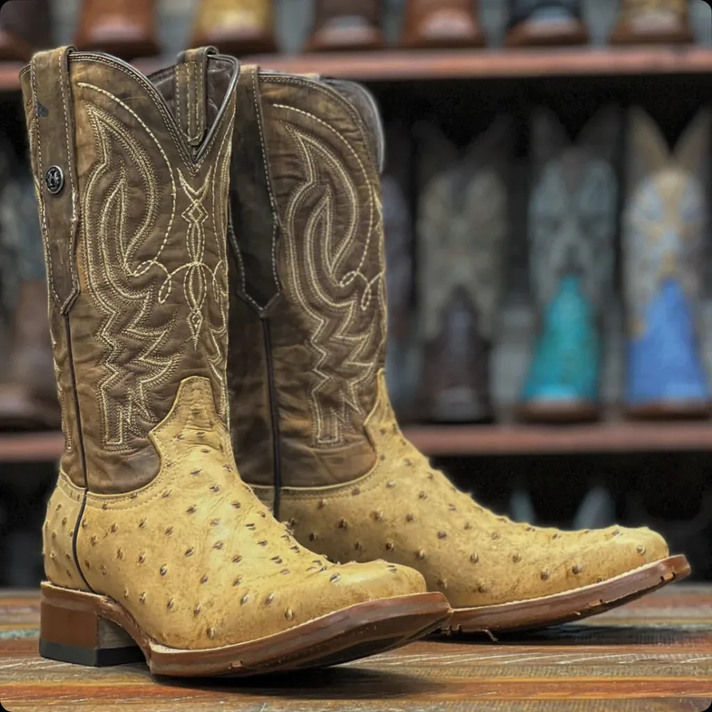 Tanner Mark Men's Print Ostrich Square Toe Boots Antique Saddle