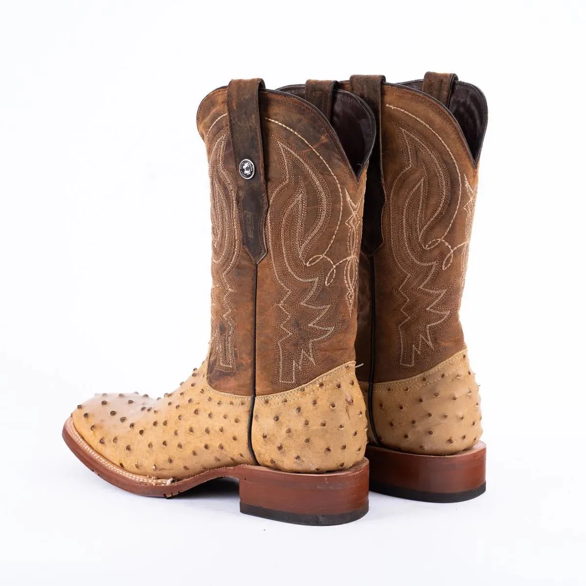 Tanner Mark Men's Print Ostrich Square Toe Boots Antique Saddle
