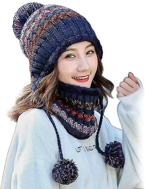 Women Winter Beanie Hat Peruvian Circle Scarf Set Ski Ear Flaps Caps Dual Layered Fleece Lined